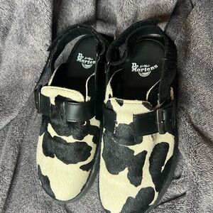 Dr. Martens Black and White Cow Mules Jorge II hairy